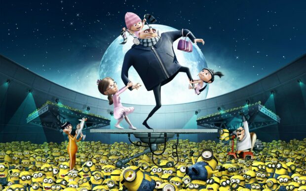 Gru surrounded by his daughters and minions under the full moon in a large lab setting