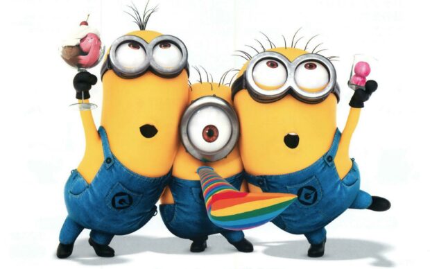 Three Despicable Me minions celebrating with party accessories and colorful horn in blue overalls