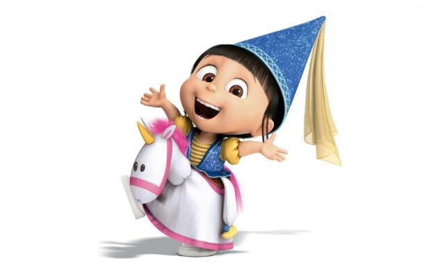 A happy Despicable Me girl character riding a unicorn costume in a blue hat