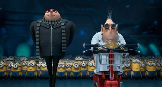 Gru and Dr Nefario stand in front of many minions preparing for a mission