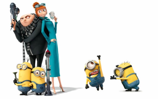 Gru and Lucy with minions from Despicable Me standing together in a fun pose