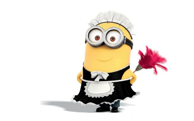 A Despicable Me character dressed in a maid outfit holding a red feather duster