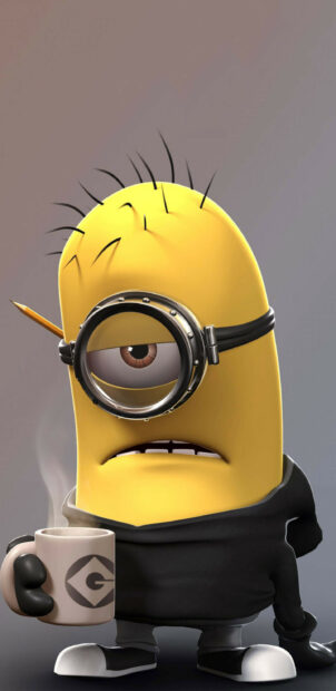 A tired Despicable Me character holding a coffee cup with a pencil behind its eye