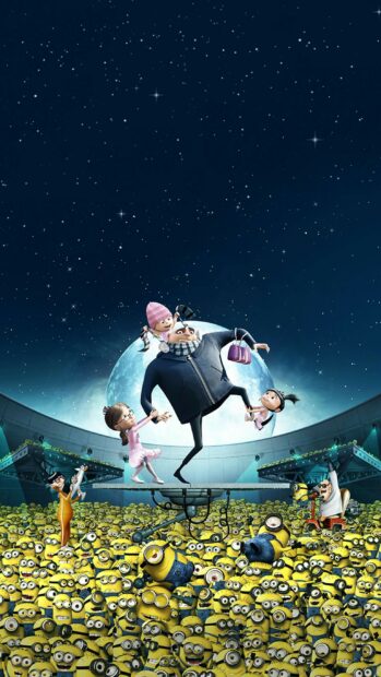 Gru and the girls surrounded by minions under a starry night sky from Despicable Me