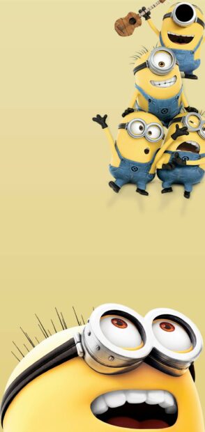 Happy Despicable Me characters having fun and playing with a ukulele on a yellow background