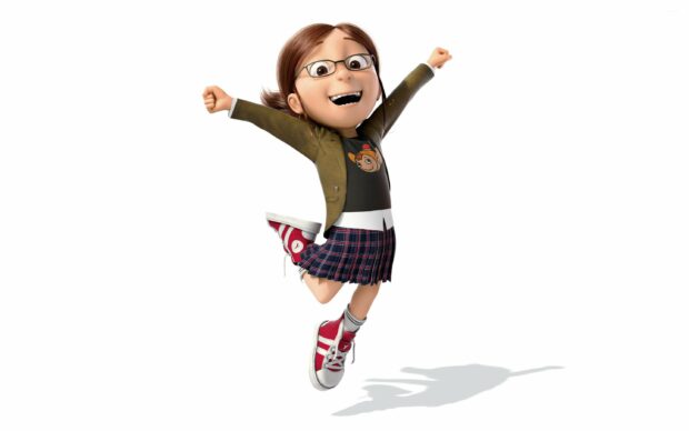 Young girl from Despicable Me jumping joyfully in a skirt and red sneakers
