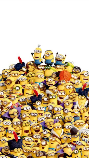 A large group of minions from Despicable Me in various costumes and expressions forming a colorful crowd