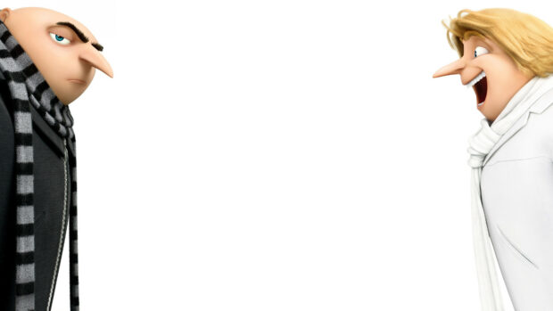 Gru and Dru characters from Despicable Me facing each other with contrasting expressions