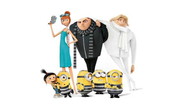 Gru and his family with minions in Despicable Me characters standing together with a white background