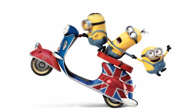 Three Despicable Me characters having fun on a scooter with a Union Jack design