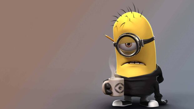 A tired Despicable Me character holding a steaming coffee cup with a pencil behind its eye