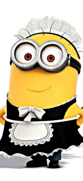 A minion character from Despicable Me dressed in a black and white maid outfit with a lace headband