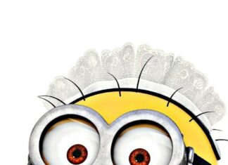 A minion character from Despicable Me dressed in a black and white maid outfit with a lace headband