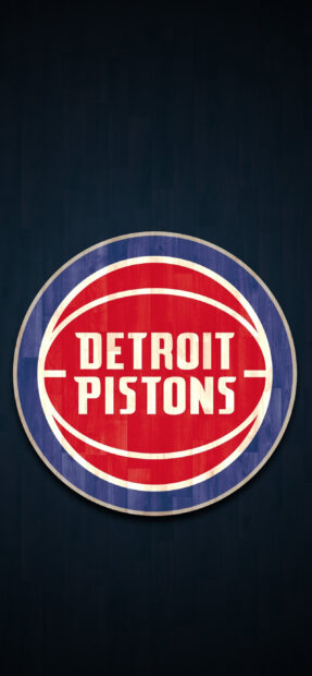 Vintage Detroit Pistons logo on a wooden basketball court background