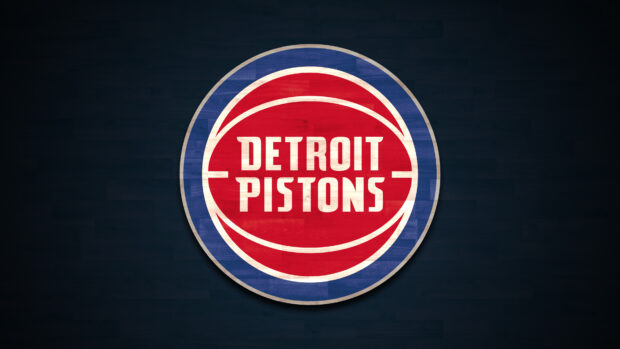 Detroit Pistons logo on a blue wooden floor background with a vintage style basketball design