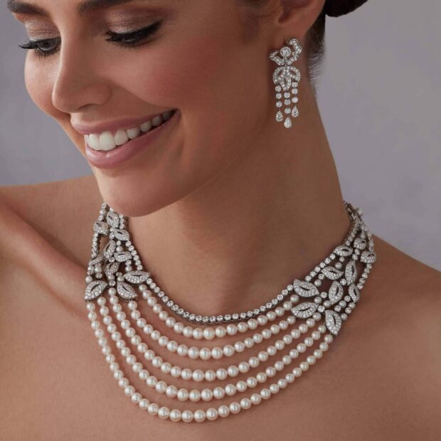 Diamond Jewelry Wallpapers HD Mobile A woman wearing pearl and diamond jewelry with elegant earrings and necklace