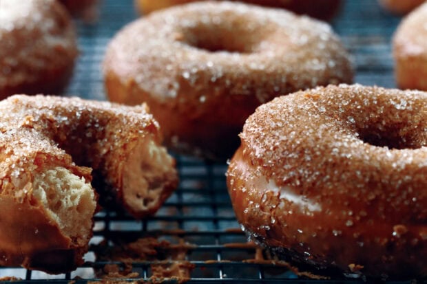Close up of crispy sugar coated donut showing texture and bite mark on a wire rack
