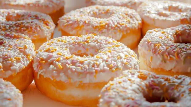 Close up of donuts with white icing and colorful sprinkles on top