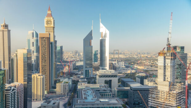 Dubai cityscape with modern skyscrapers in a clear sky showing the skyline