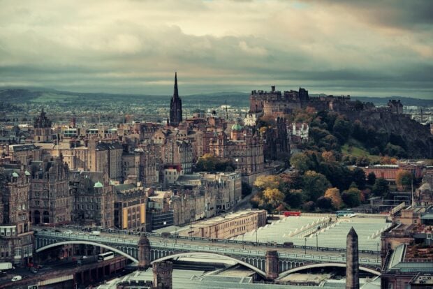 Edinburgh cityscape with historic buildings and castle in the skyline