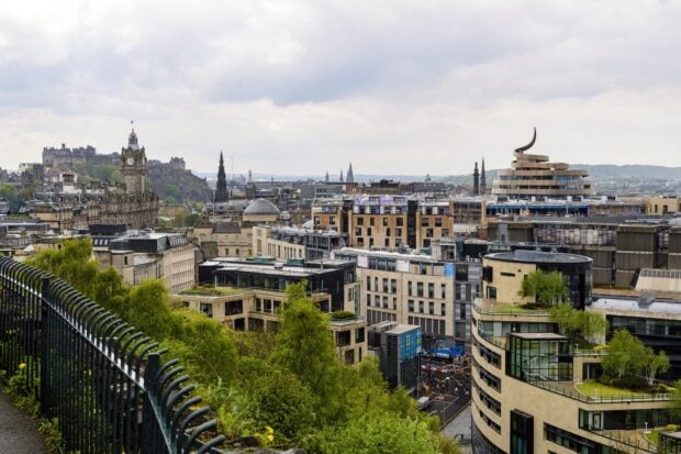 View of the Edinburgh skyline featuring historic and modern buildings in the cityscape