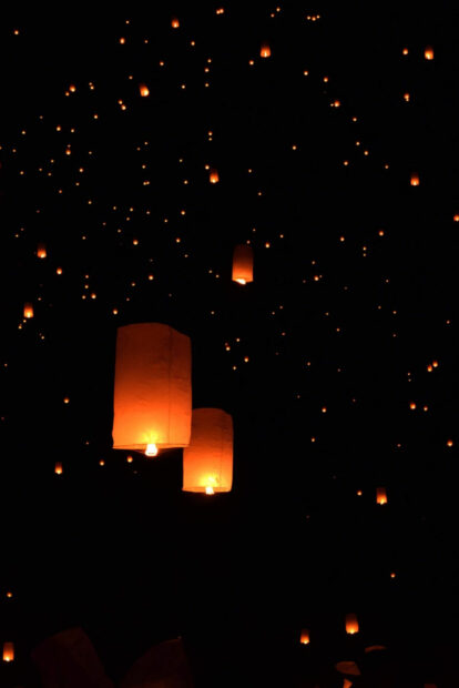Floating lanterns in the festival sky creating a beautiful nighttime celebration scene