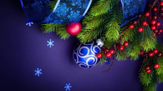 Close up of fir tree branches with red and blue Christmas ornaments on a purple surface