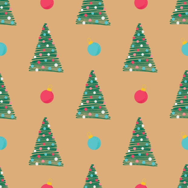 Green fir tree decoration with colorful ornaments on a beige background pattern