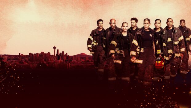 Fireman team walking confidently with Seattle cityscape in the background