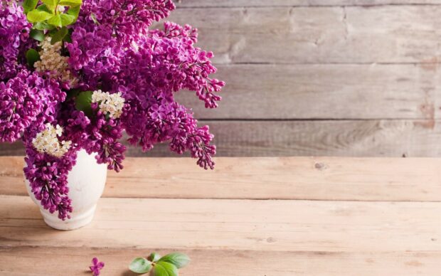 Purple flower bouquet with green leaves in white vase on wooden table