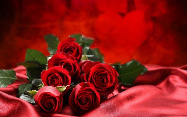 A flower bouquet of red roses resting on red satin fabric with green leaves in the background