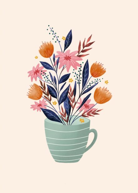 A floral bouquet illustration with pink and orange flowers in a striped green cup
