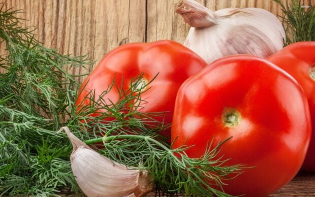 Fresh garlic cloves with tomatoes and dill on wooden surface