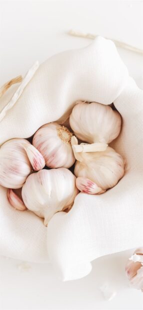 Fresh garlic bulbs resting on a textured cloth napkin in bright light