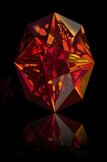 A vibrant red gemstone with intricate facets reflecting light on a black surface