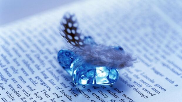 A close up of a gemstone with a feather placed on a page of text laid out flat
