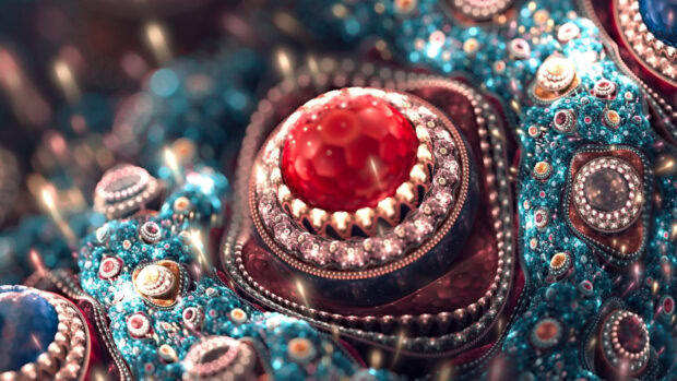 A detailed close up of gemstone with a large red stone surrounded by intricate blue and pink elements