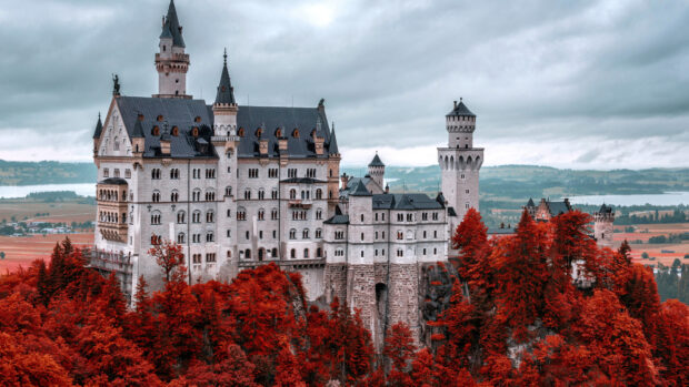 Neuschwanstein castle surrounded by autumn forest in Germany landscape