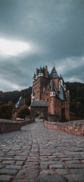 Medieval castle in Germany surrounded by forest under cloudy sky