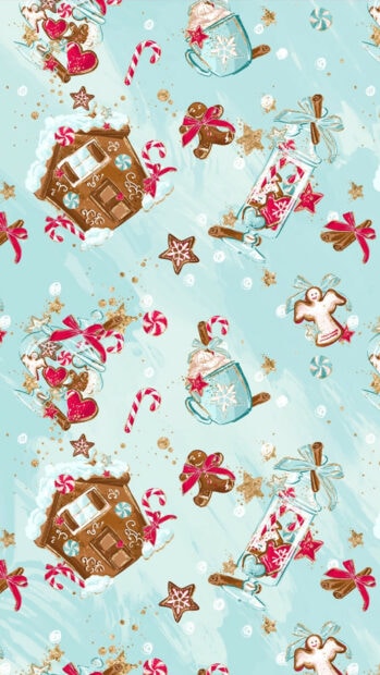 Cute gingerbread house and festive sweets pattern with gingerbread cookies and candy canes