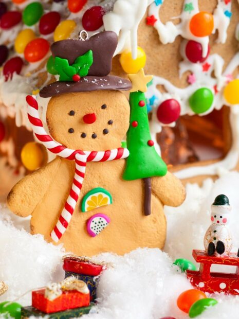 A cheerful gingerbread character with festive decorations holding a Christmas tree candy cane and wearing a chocolate hat