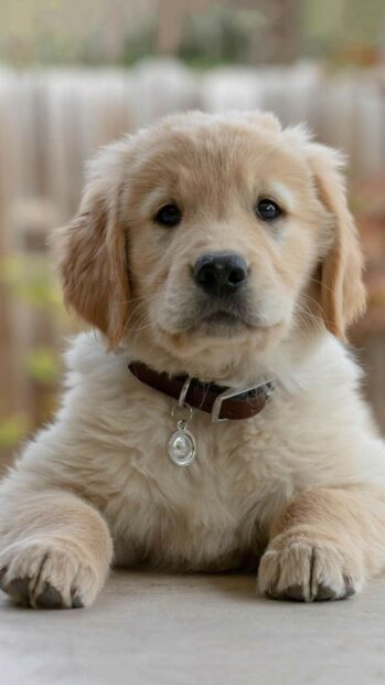 Cute golden retriever puppy lying down with a collar and tag on a porch