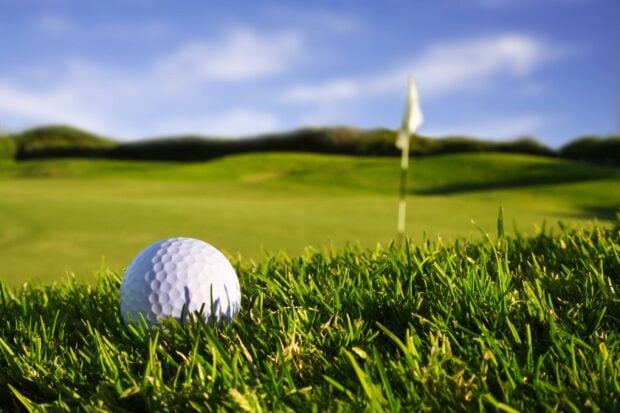 A golf ball resting on green grass near the hole on a golf course on a sunny day