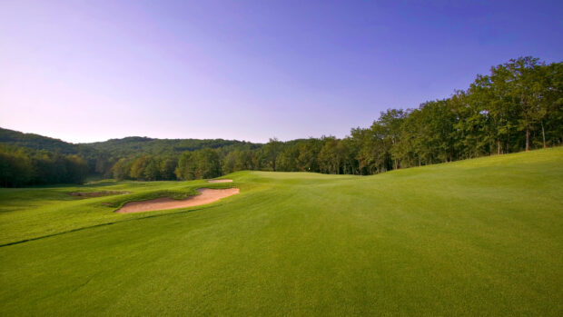 A golf course surrounded by trees and sand bunkers under a clear blue sky