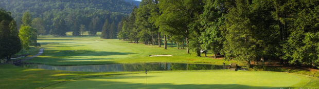 A golf course with a green fairway and trees surrounding the scenic landscape