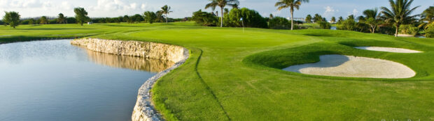 A golf course with a water hazard and sand bunker surrounded by lush green grass and palm trees