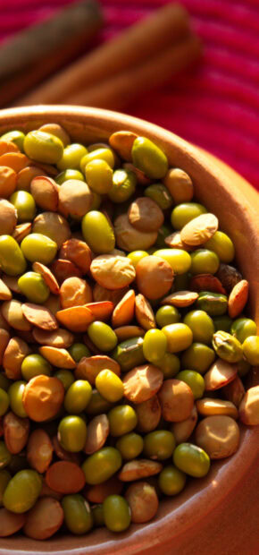 Close up of green and brown grains in a clay bowl on a red surface