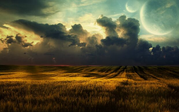 Golden grassland under a dramatic cloudy sky with two large planets visible above the horizon