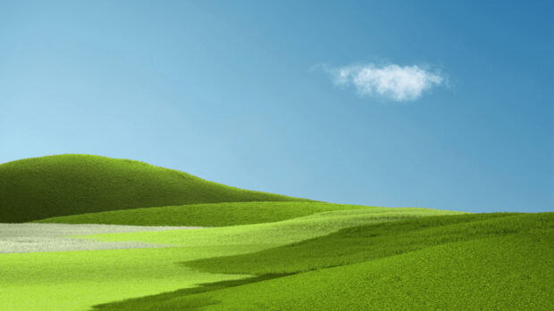 Rolling green grassland hills under a clear blue sky with a single white cloud