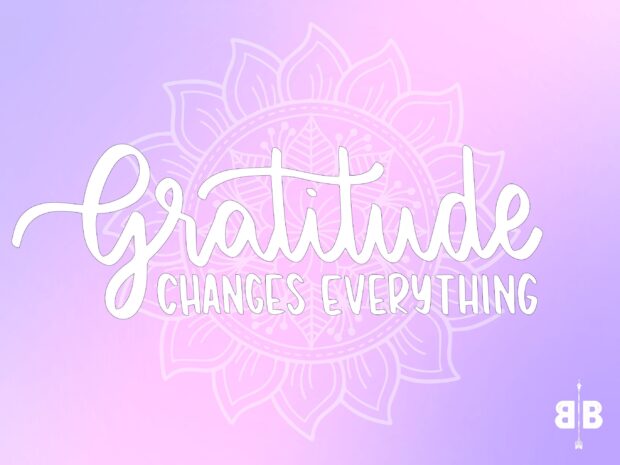 White gratitude lettering with changes everything text on pastel purple background with mandala pattern